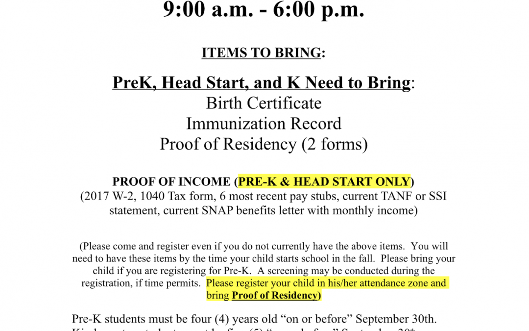 Pre-K, Head Start, and Kindergarten Registration (March 5)