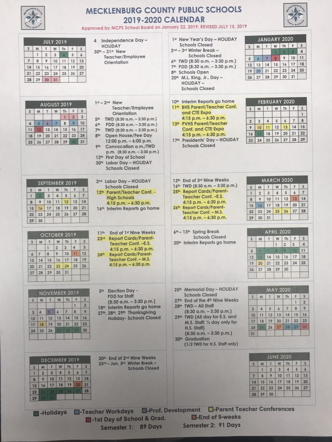 2019-2020 Calendar | Mecklenburg County Public Schools