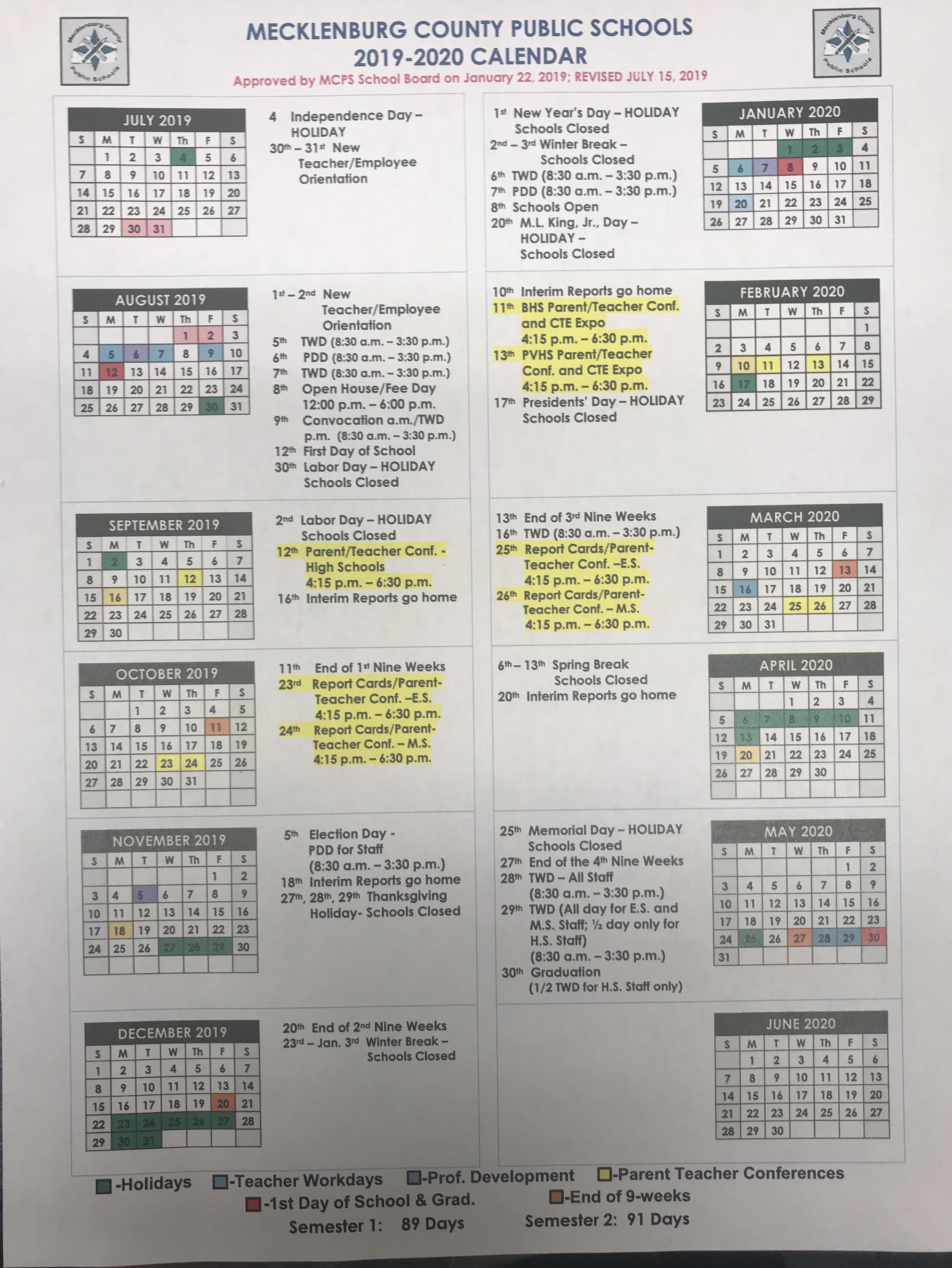 20192020 Calendar Mecklenburg County Public Schools