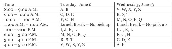 schedule for pickup by last name