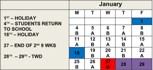 January 2021 A/B Days Schedule