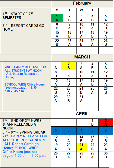 A&B Days Schedule – February, March, & April