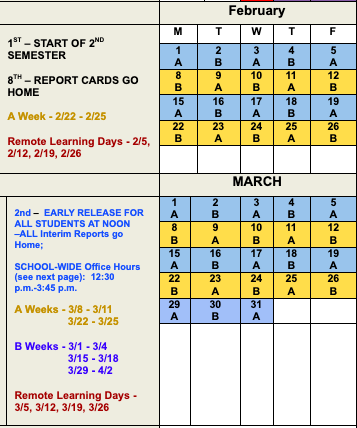 February and March A/B Weeks and Days Schedule