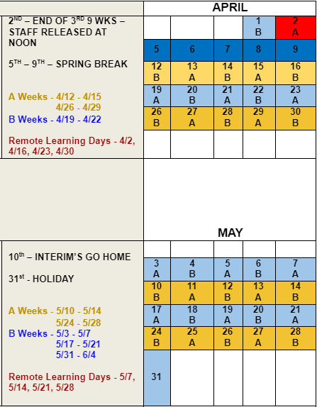 April and May A&B Calendar