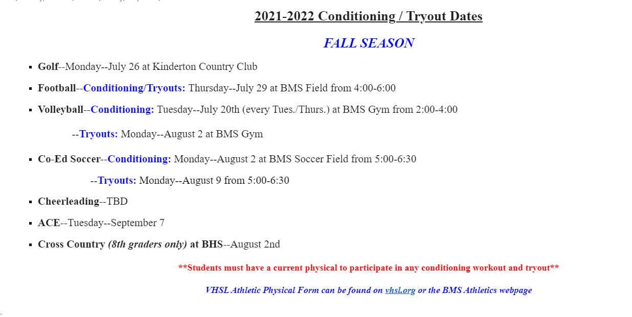 FALL ATHLETIC TRYOUT DATES